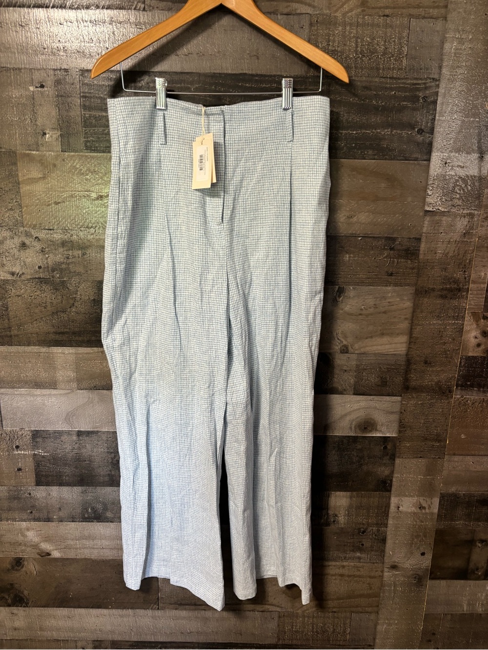 NWT FRNCH Light Blue Checked Seersucker Linen Blend Trousers Large